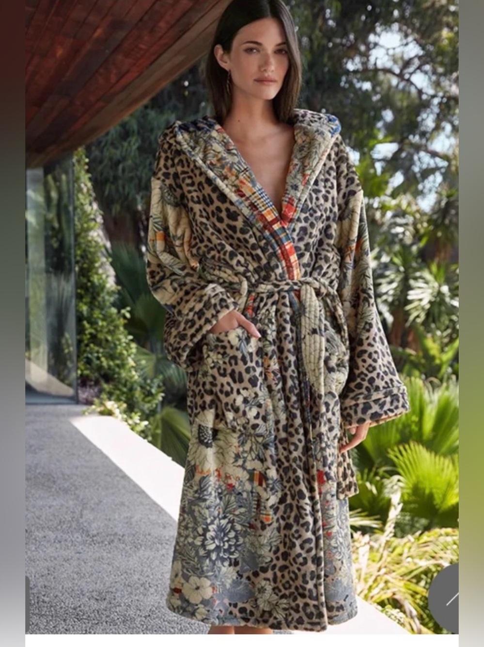 Johnny Was Milly Hooded Leopard Print Cozy Robe Belted Floral Fuzzy S / M